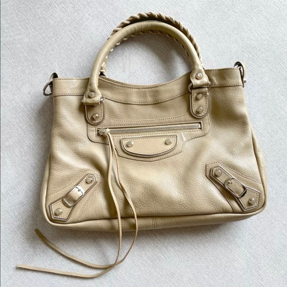 Balenciaga Silver Metallic Edge Beige Town Bag